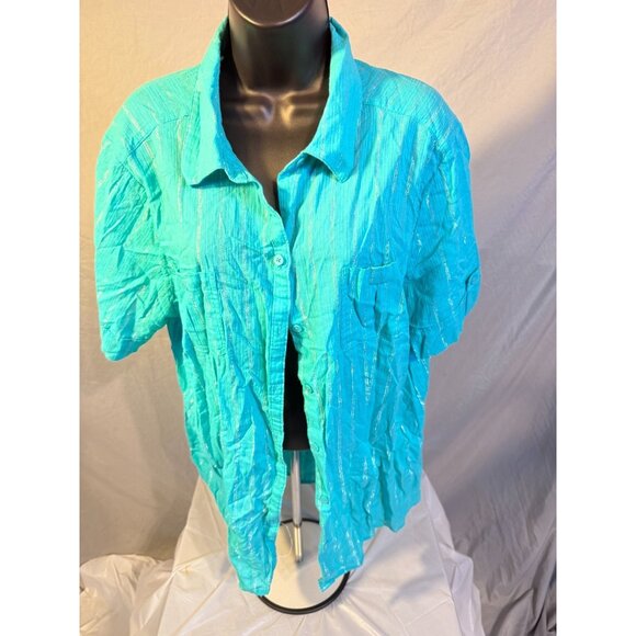 Sag Harbor Womens Plus Size 2X Teal Button Up Shirt top Blouse Bling Sparkle - Picture 1 of 2